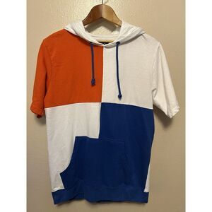 Carbon Sweat Shirt Hoodie Color Block Blue Orange White Short Sleeve Men's L 90s